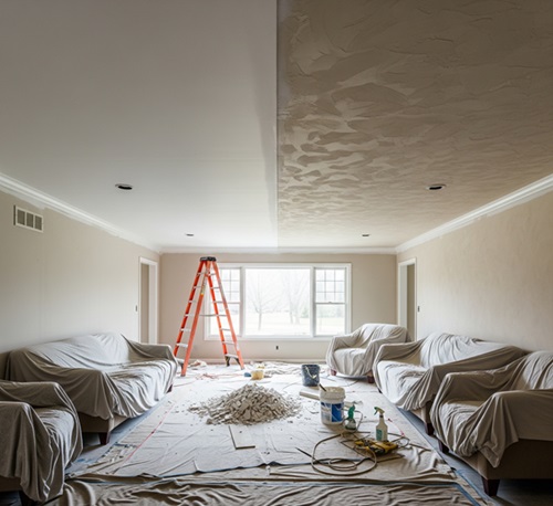 Texture from a popcorn ceiling being scraped away during a professional removal service