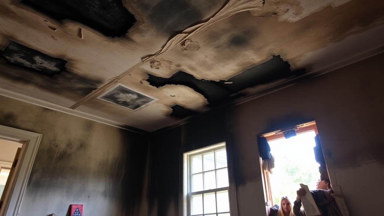 Fire-damaged drywall being examined prior to professional replacement