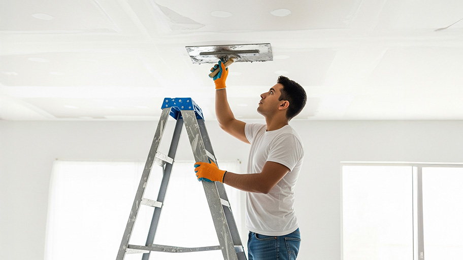 A man replaces moisture-damaged drywall in a bathroom with greenboard